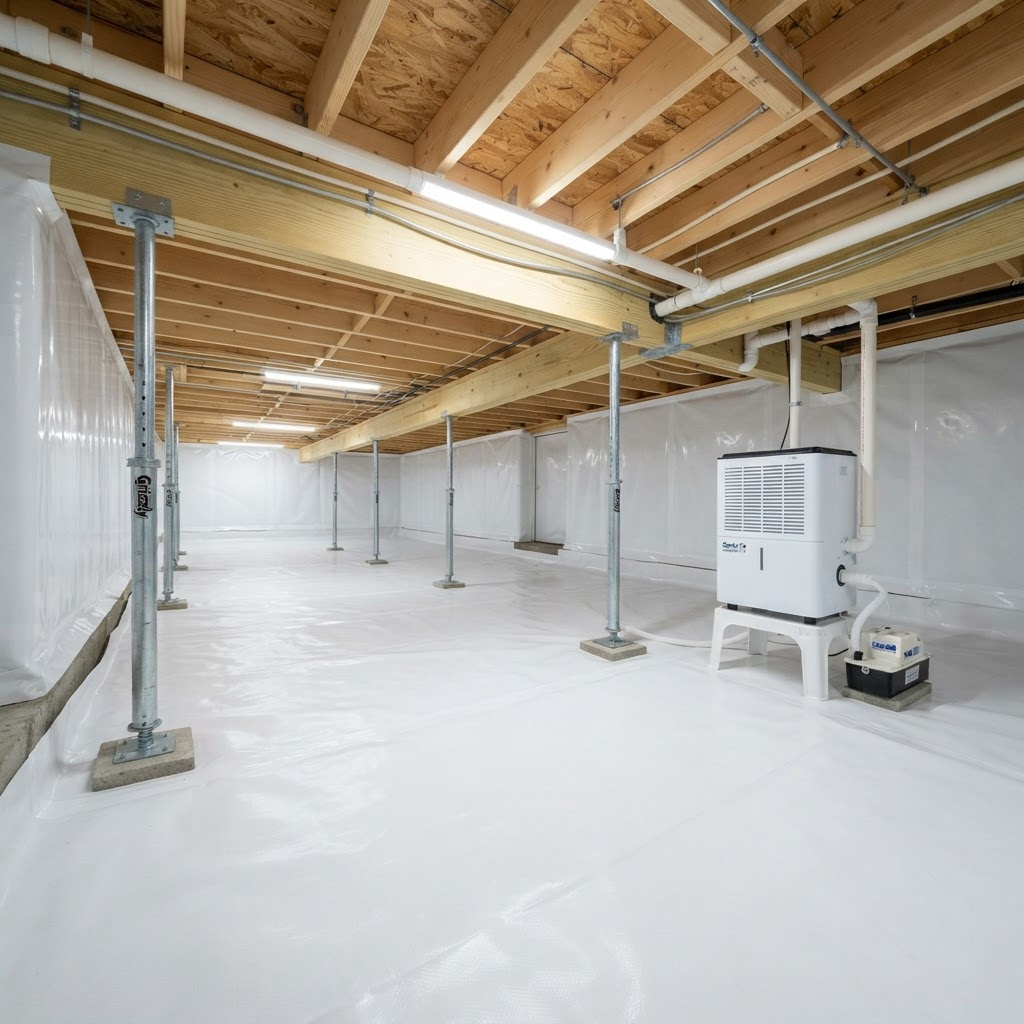 Clean encapsulated crawlspace with white vapor barrier and dehumidifier after repair
