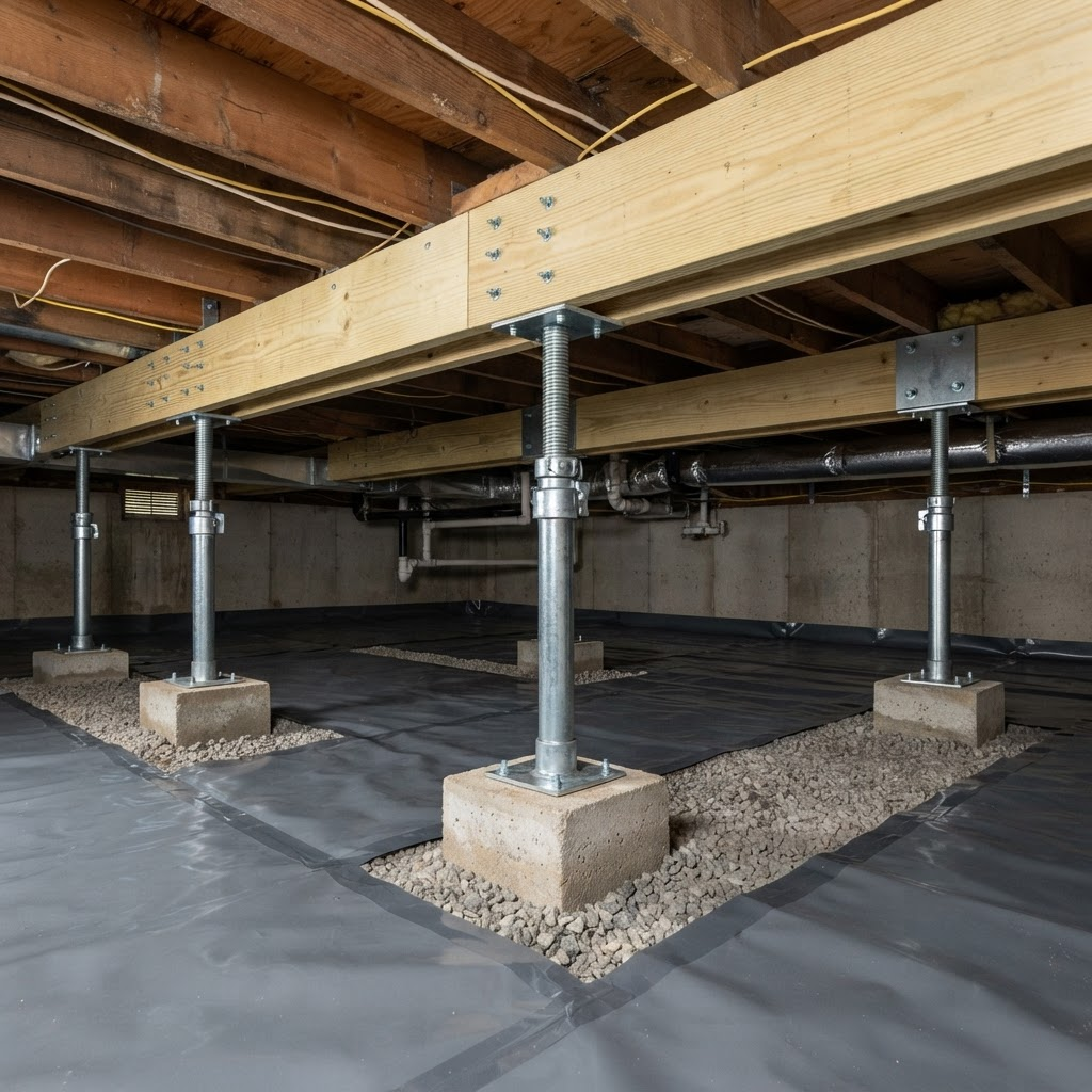 New steel support jacks and sistered joists after structural repair