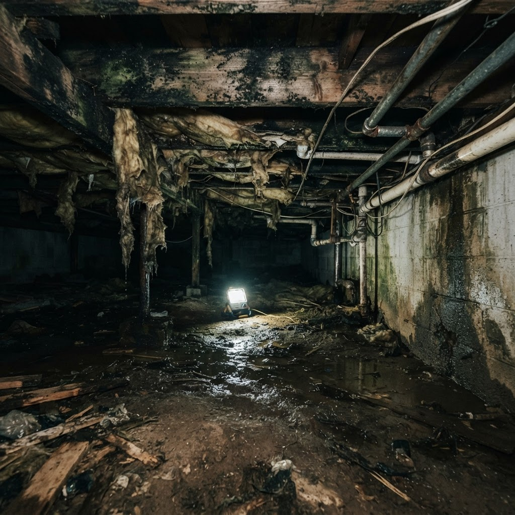 Damp crawlspace with standing water and mold on floor joists before repair