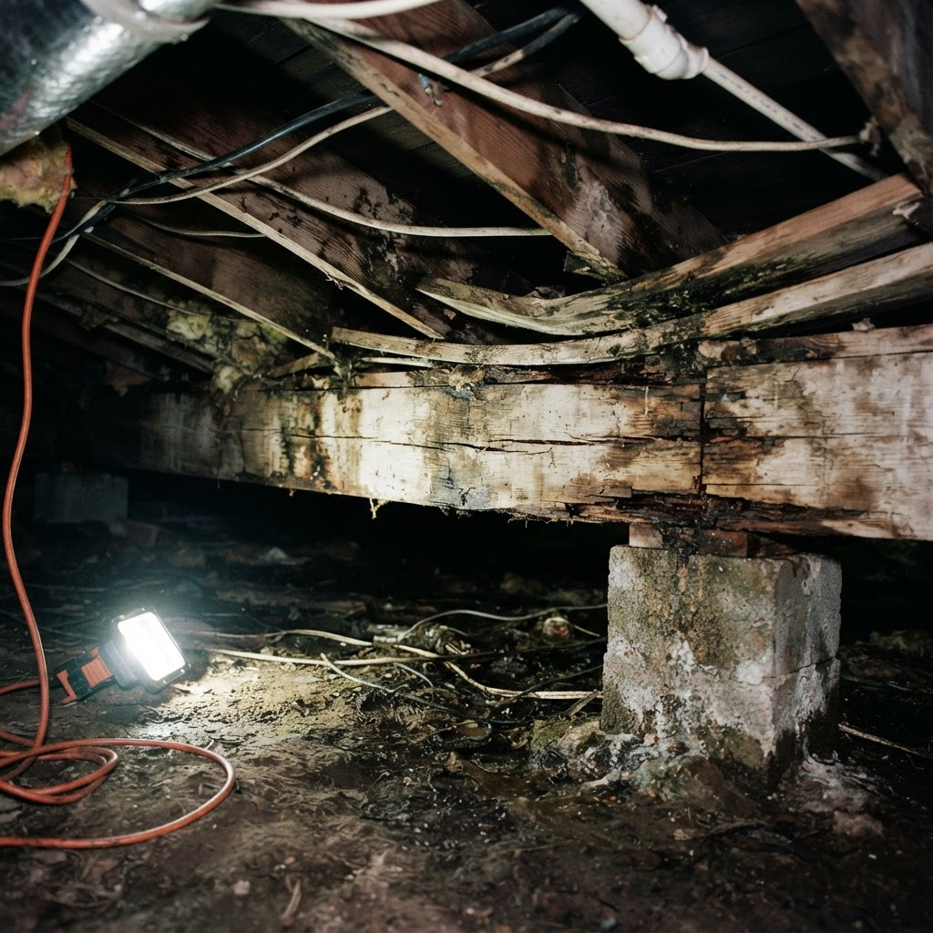 Sagging rotted floor joists and cracked girder before structural repair